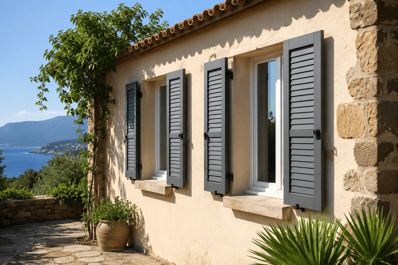 Volets en aluminium sur la façade d'une maison en Corse.