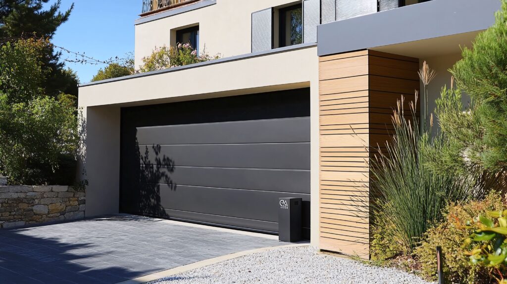 Porte de garage aluminium sur une façade corse.